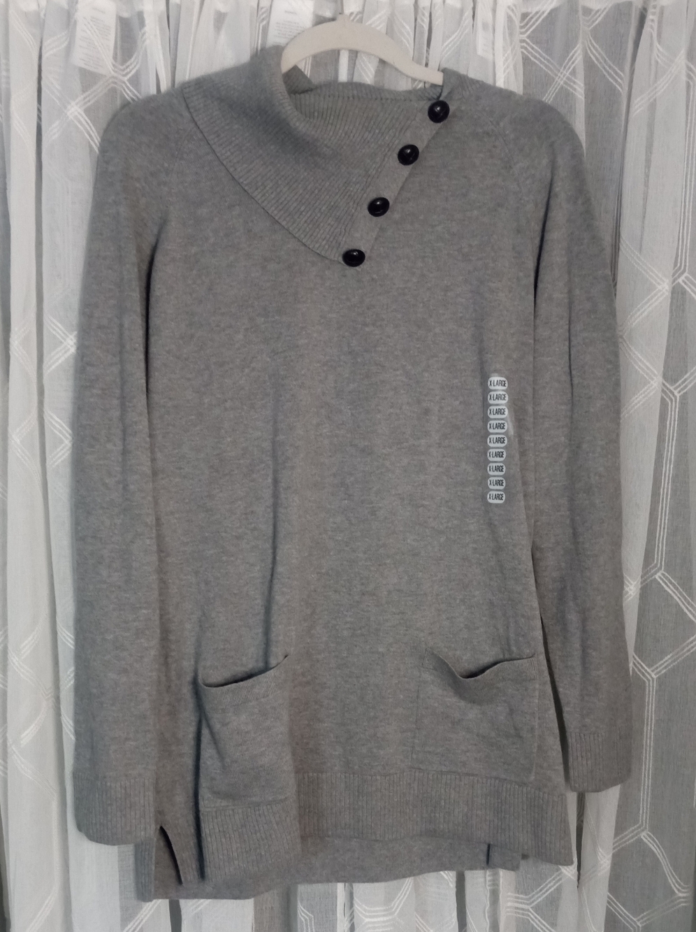 NWT JEANNE PIERRE Gray Asymmetric Button-Neck Turtleneck Sweater Pockets Size XL